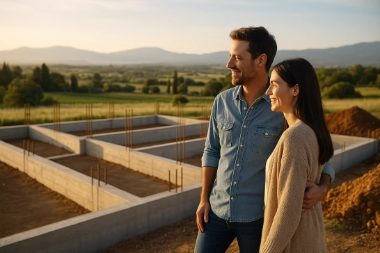 confiez nous votre projet de construction en toute sérénité Couple souriant devant fondations maison champêtre.