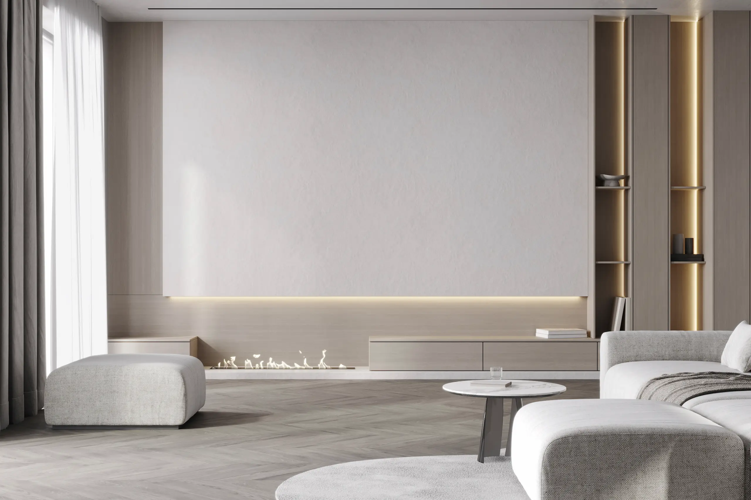 Salon moderne avec cheminée design et meubles minimalistes.