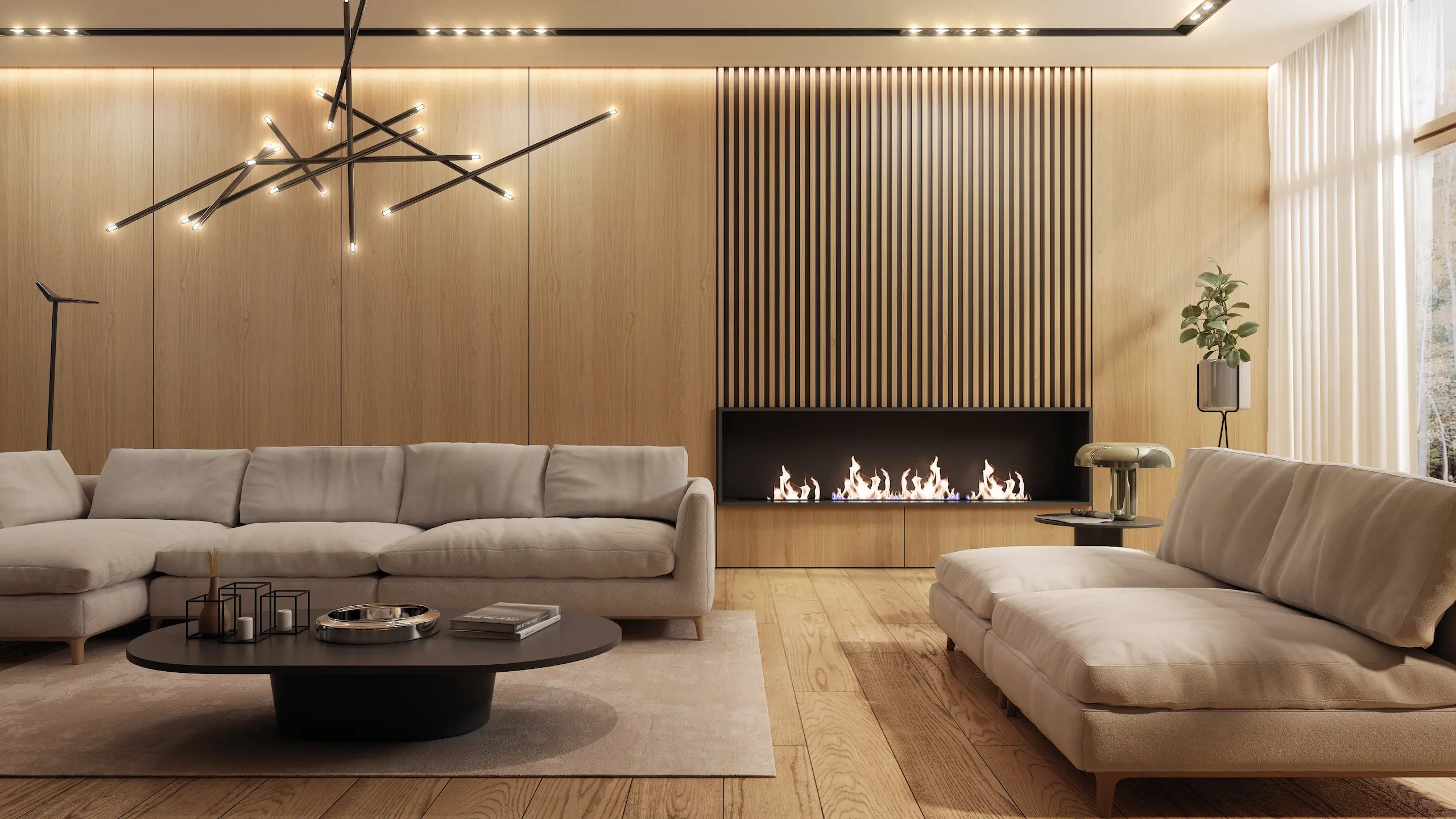 Salon moderne avec cheminée et canapé beige.