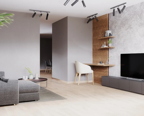 courtier travaux pour tos vos projets rénovation construction Salon moderne avec canapé gris et télévision.