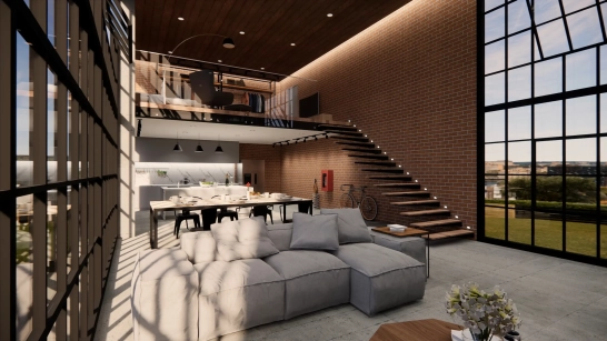 Intérieur loft moderne avec mezzanine et grande baie vitrée.