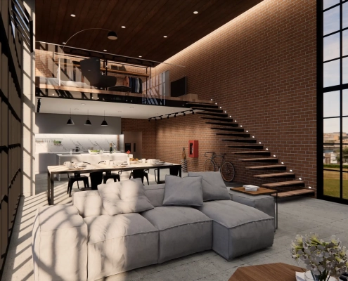 projet-renovation-courtier-travaux-innova-solution intérieur maison moderne avec canapé cuisine et escaliers vers mezzanine