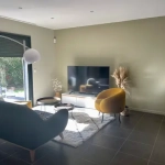 Salon moderne avec canapé, table basse et télévision.