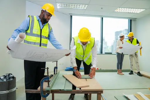 hommes et femme avec casques de chantier travaillant sur des planches de bois et des plans