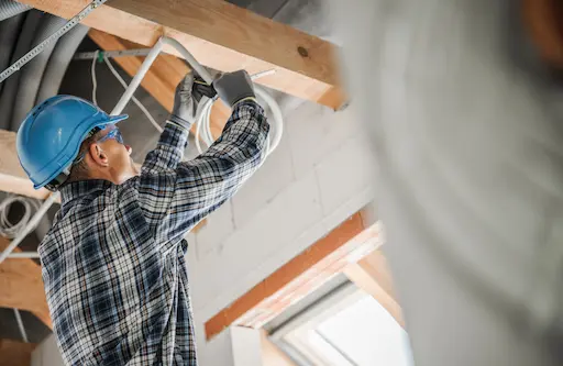 rénovation locaux professionnels par innova solution votre courtier travaux Électricien installant des câbles sous un plafond.